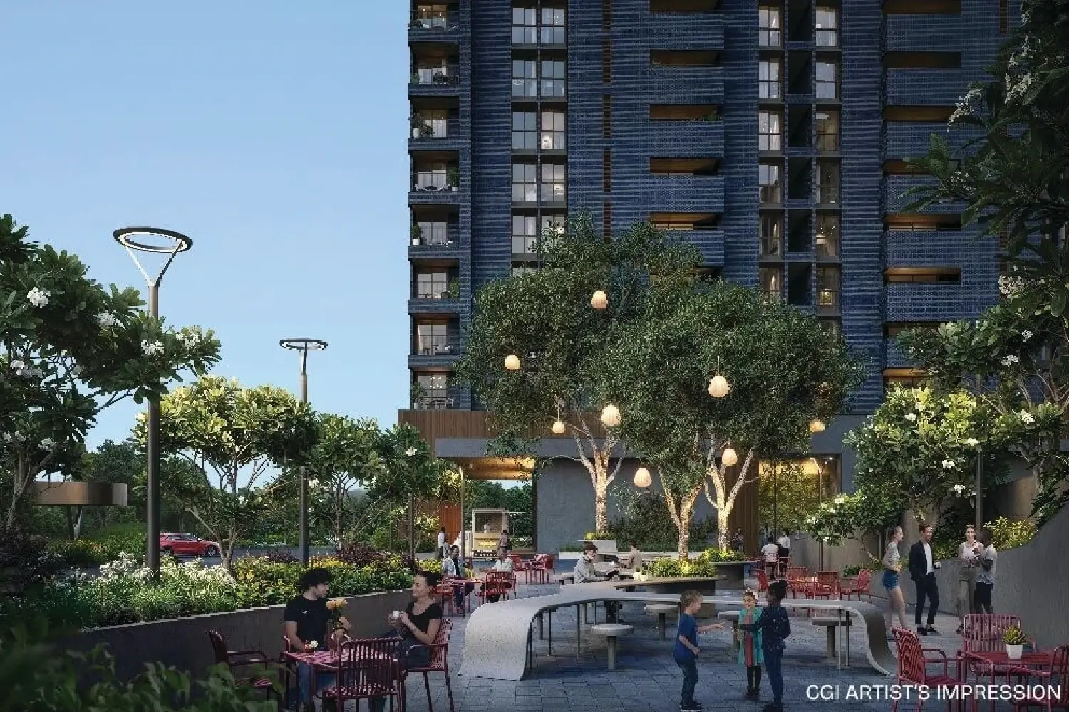Courtyard café under trees — CGI artist's impression