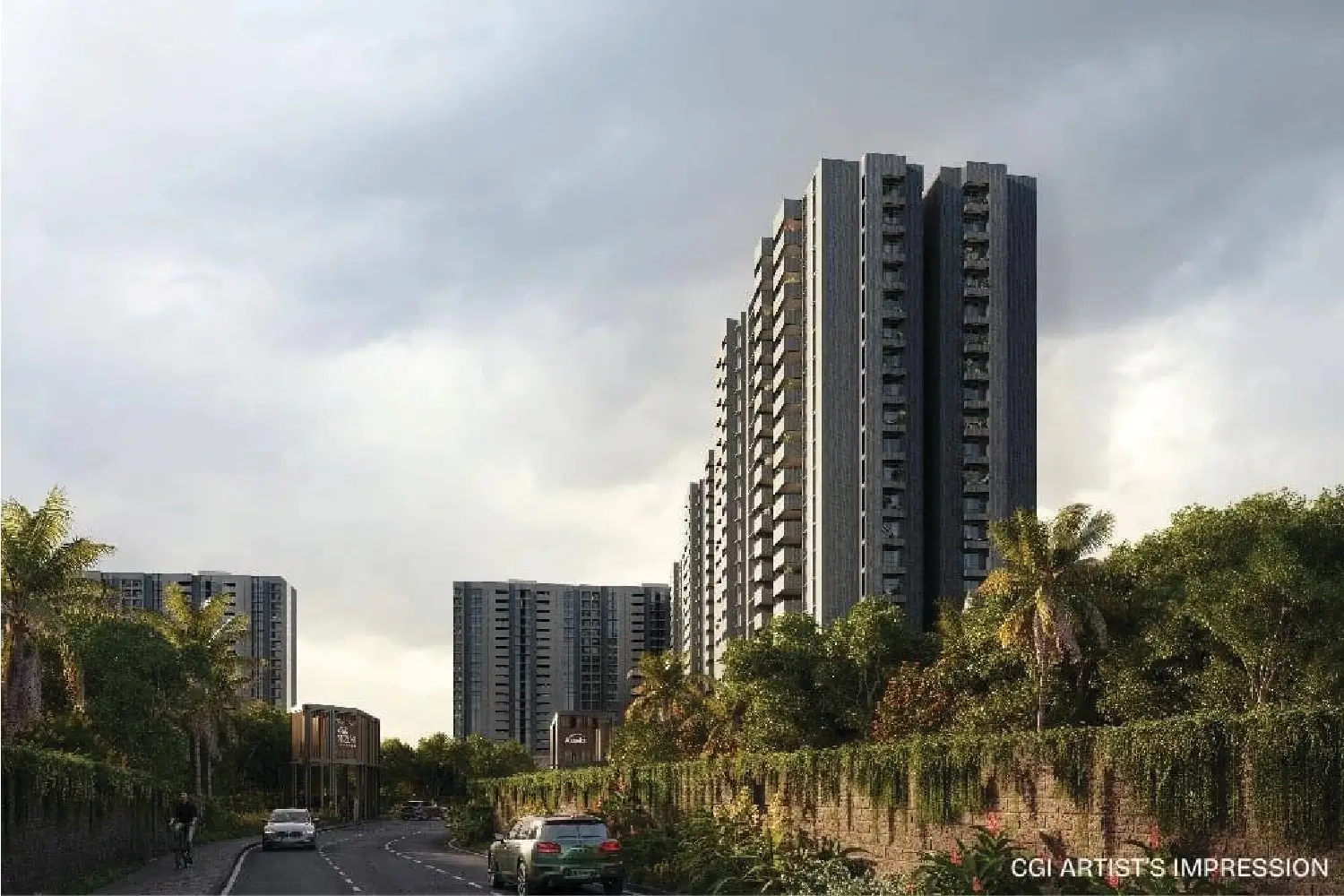 Approach road and towers — CGI artist's impression