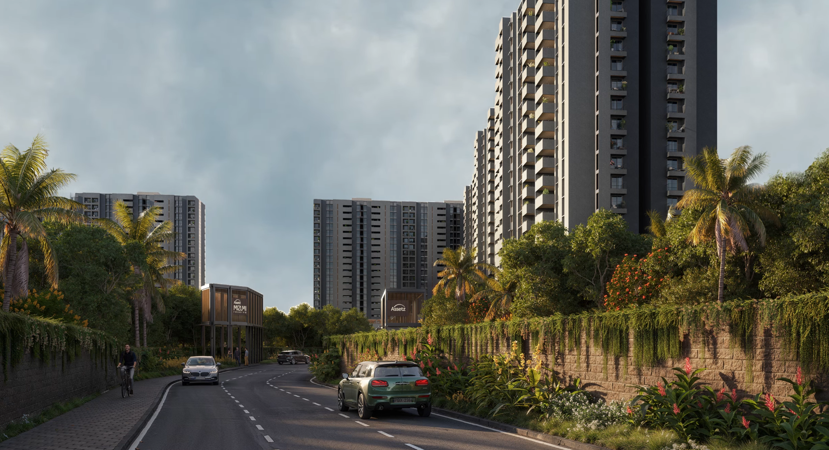 Mizumi Reserve by Assetz — approach road, towers and arrival pavilion, CGI artist's impression